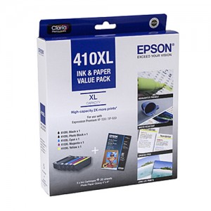 Genuine Epson 410XL Ink Value Pack (BXL, PBXL, CXL, MXL, YXL & 20 Sheets Photo Paper Glossy 4" x 6")